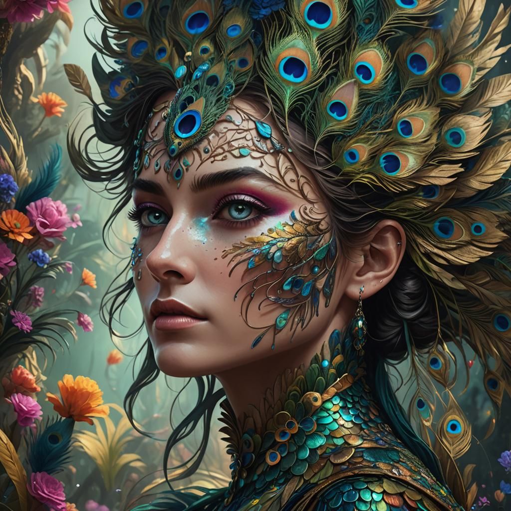 Surreal Face with Peacock Feathers and Flowers