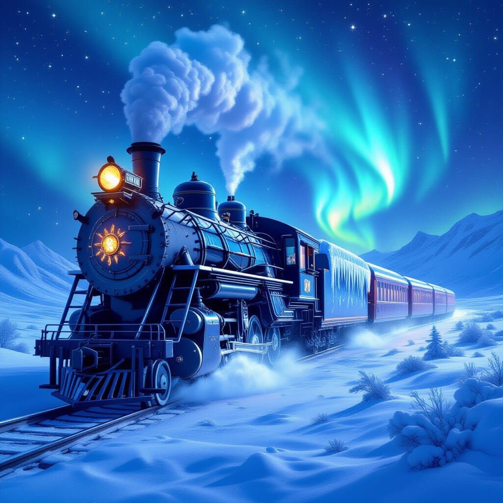 Ancient Train with Ice and Ornaments in Snowy Desert