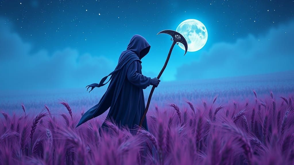 Pastel Grim Reaper in Wheatfield Under Starry Night