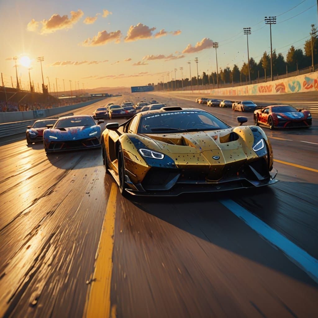 Surrealist Cars Racing: Vibrant Oil Painting