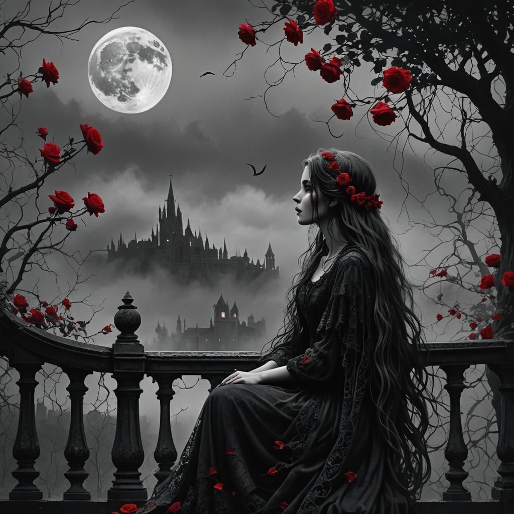 Girl Silhouetted in Falling Roses: Gothic Pencil Sketch