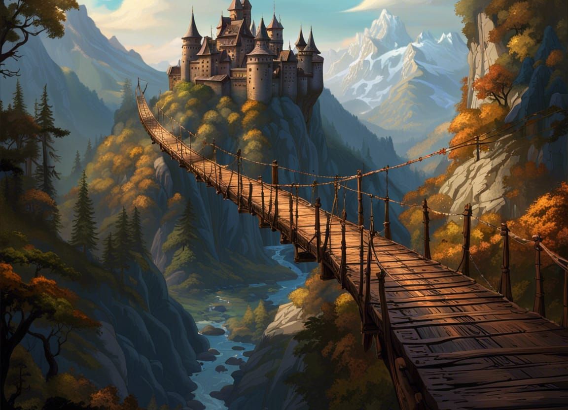 Fantasy Castle Suspension Bridge in Mountainous Landscape