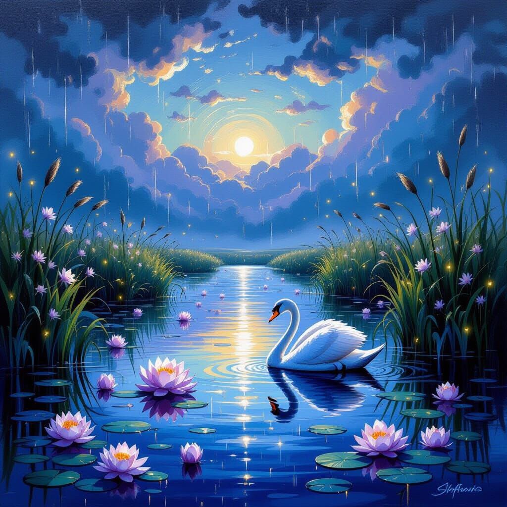 A serene lotus marsh during summer rain at twilight