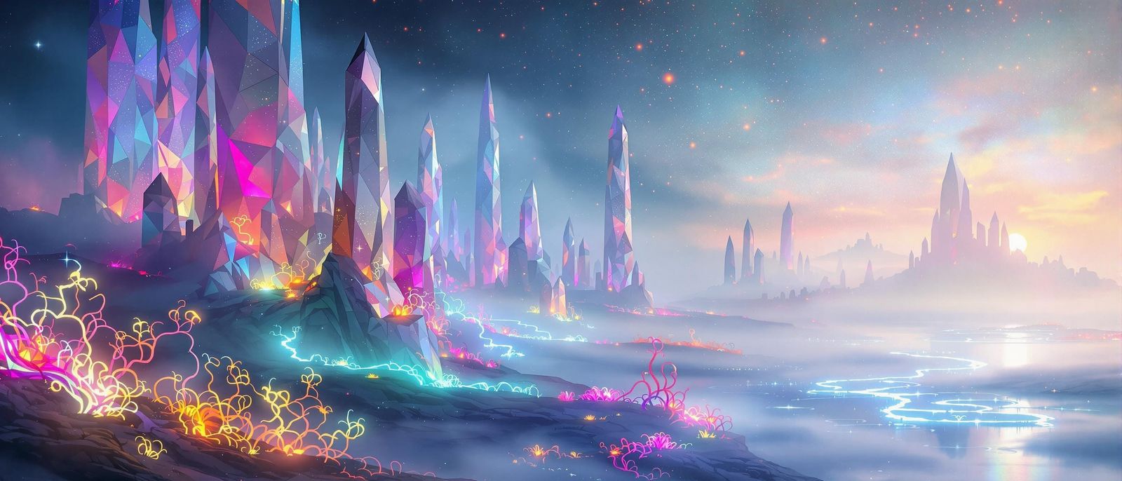 Ethereal Crystal Spires Unfold in a Dreamlike Landscape
