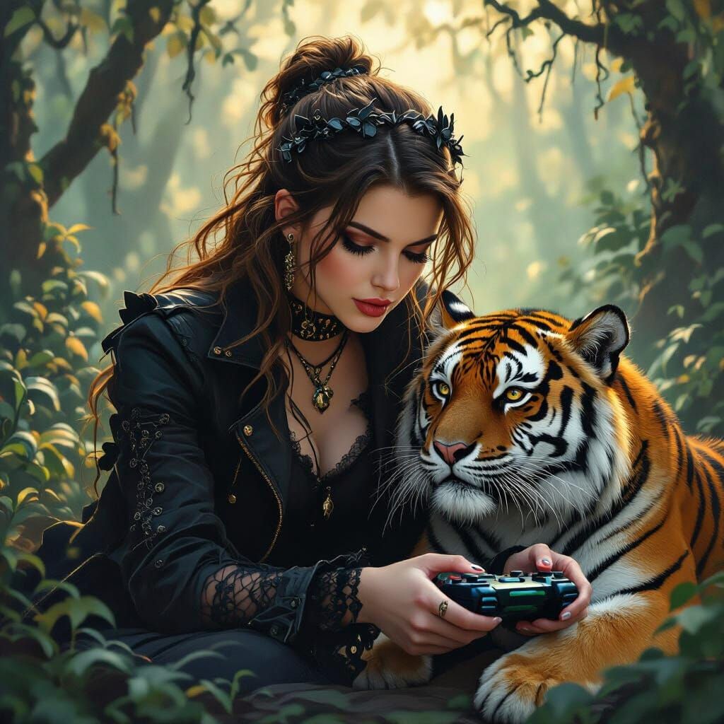 Goth Gamer Girl and Tiger, Inspired by Loish