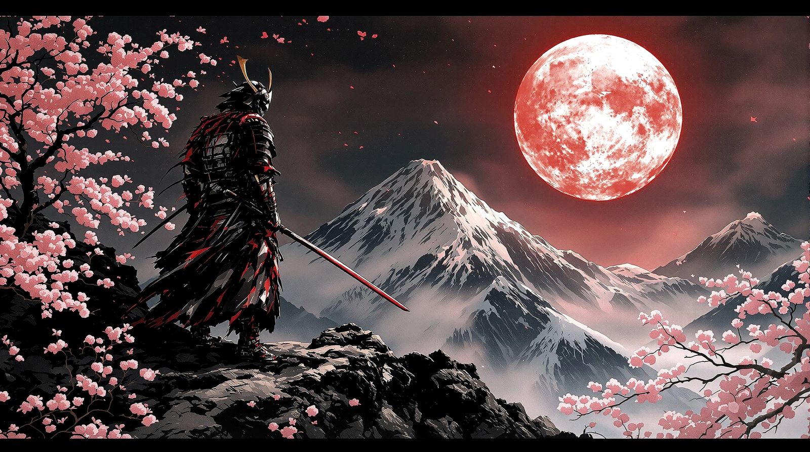 Last Ronin Under Blood Moon in Japanese Ink Art
