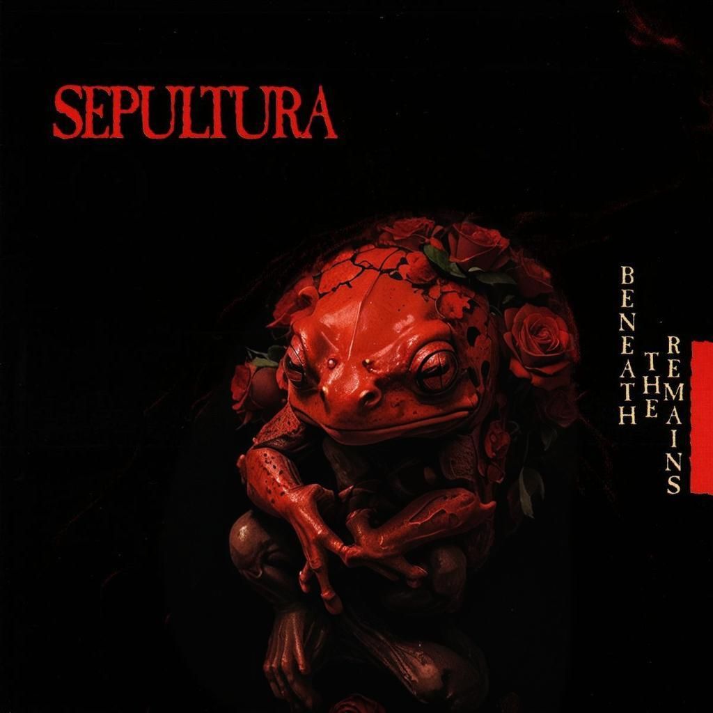 Red Frog on Skull with Roses, Minimalist Dark Art