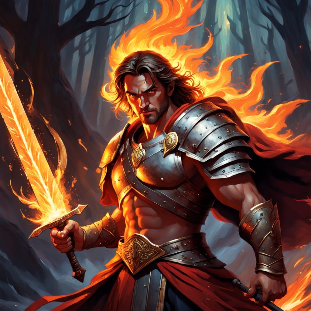 Heroic Warrior with Blazing Sword in Oil Painting Style