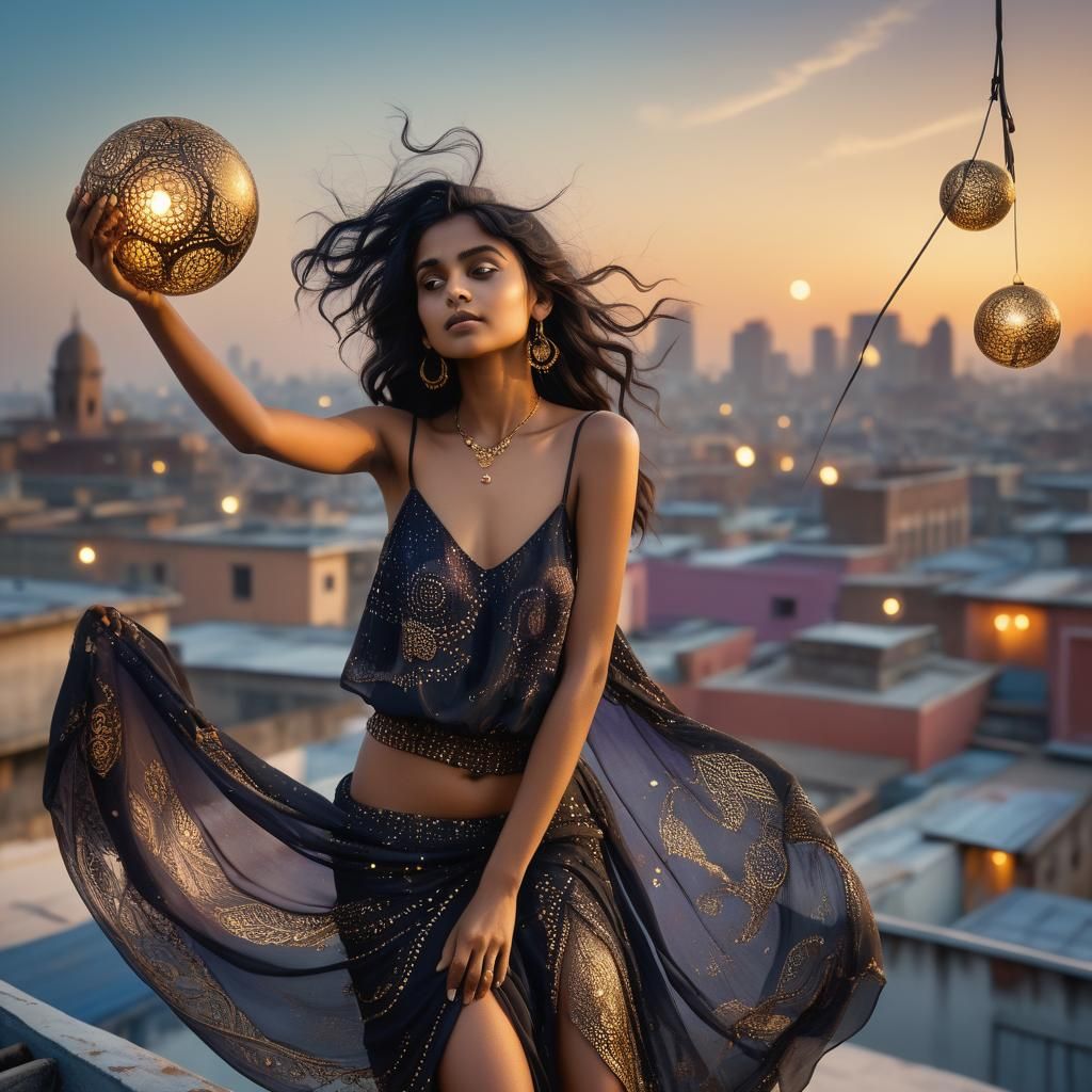 Bengali Woman with Glowing Orbs in Futuristic Surrealism