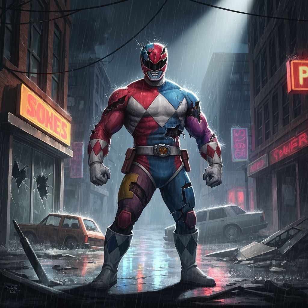 Hulking Figure in Distorted Power Rangers Suit Amidst Chaos