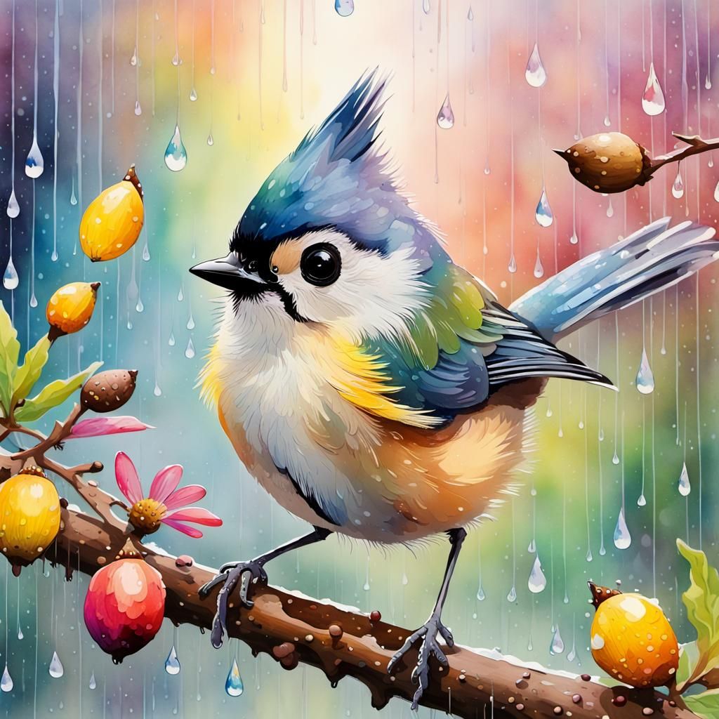 Titmouse Playing in Rain, Watercolor Art