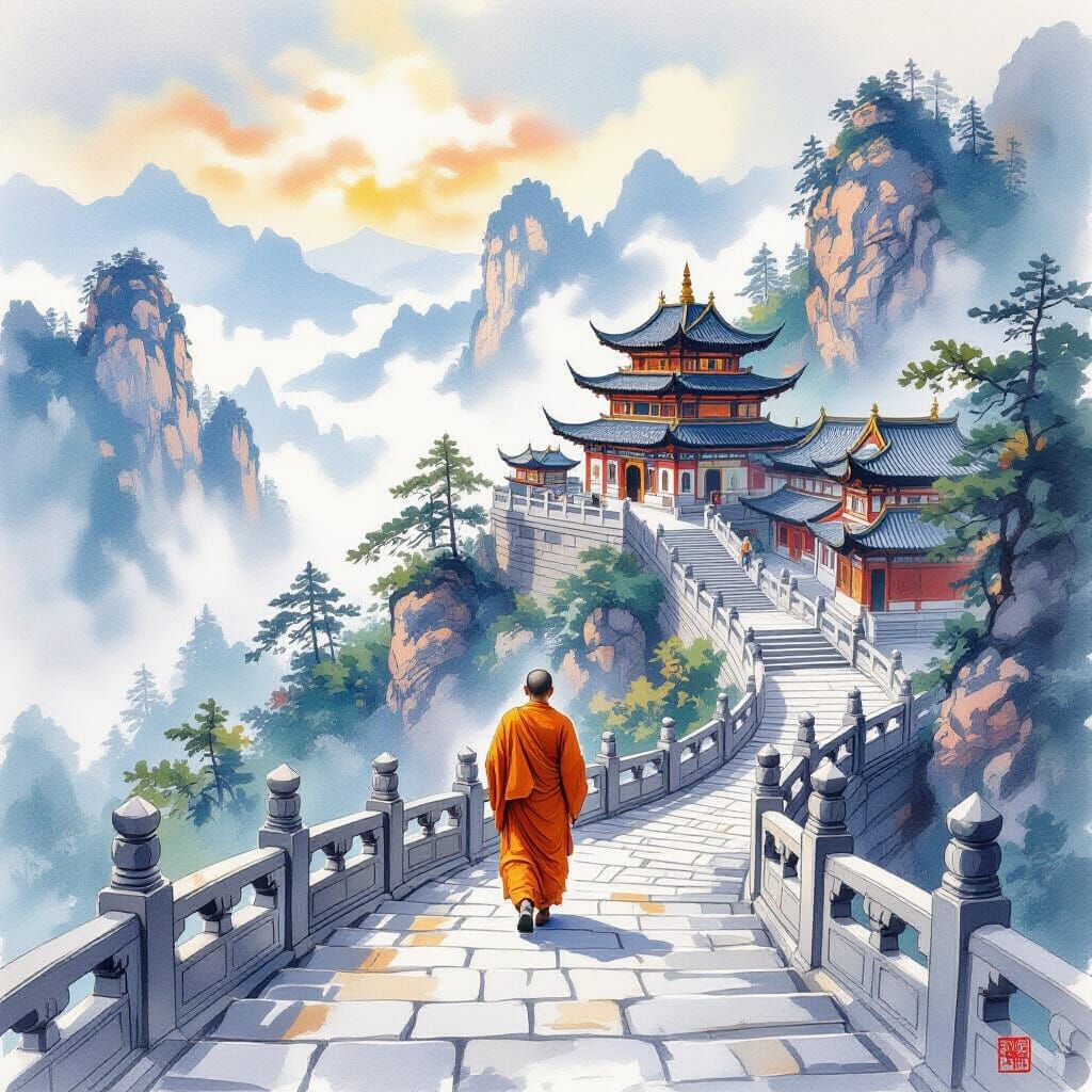 Monk Ascends to Tianmen Cave: Chinese Painting Style