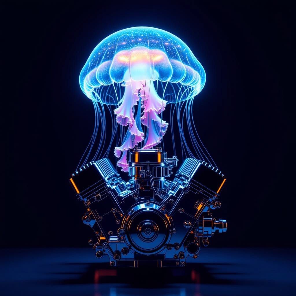 Bioluminescent Jellyfish Over Vintage Chevrolet Engine
