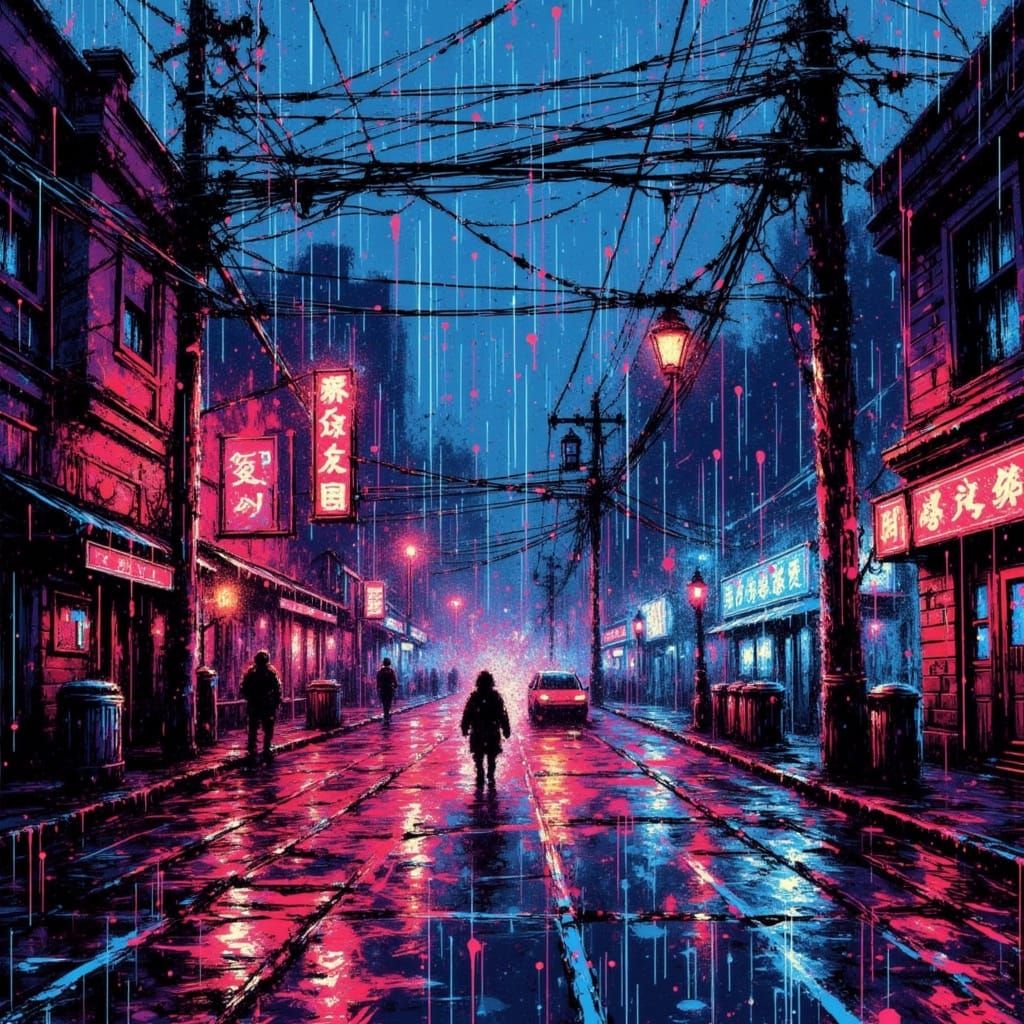 Noir Cityscape with Neon Reflections and Splattered Ink