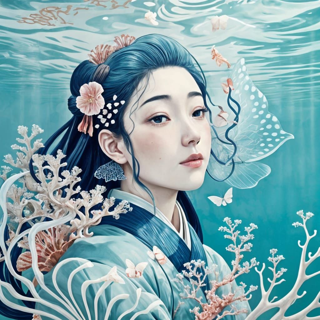 Ukiyo-e Butterflies with Tentacles Underwater