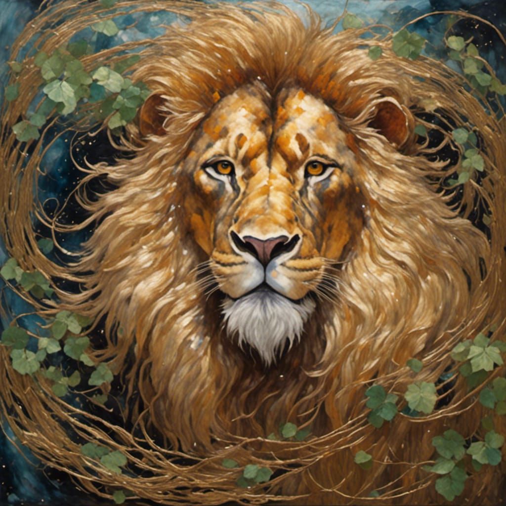 Lion with Vines and Gold Tinsel in Gildpunk Style