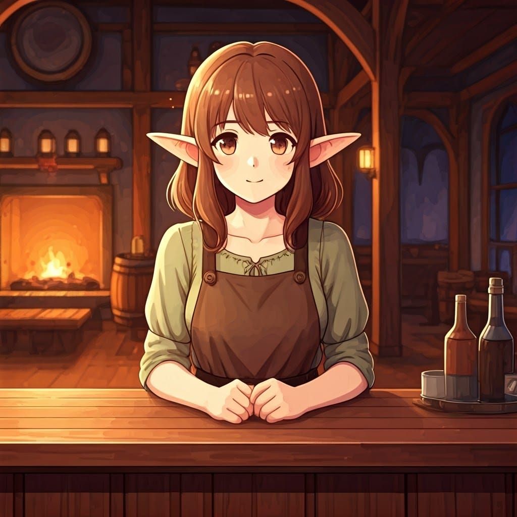 Elf Maiden in Cozy Fantasy Tavern Illustration