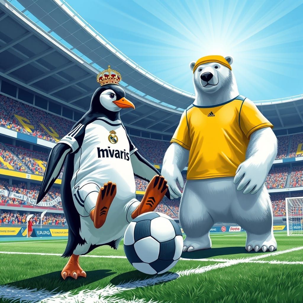 Penguin Footballer at Santiago Bernabéu in Digital Art