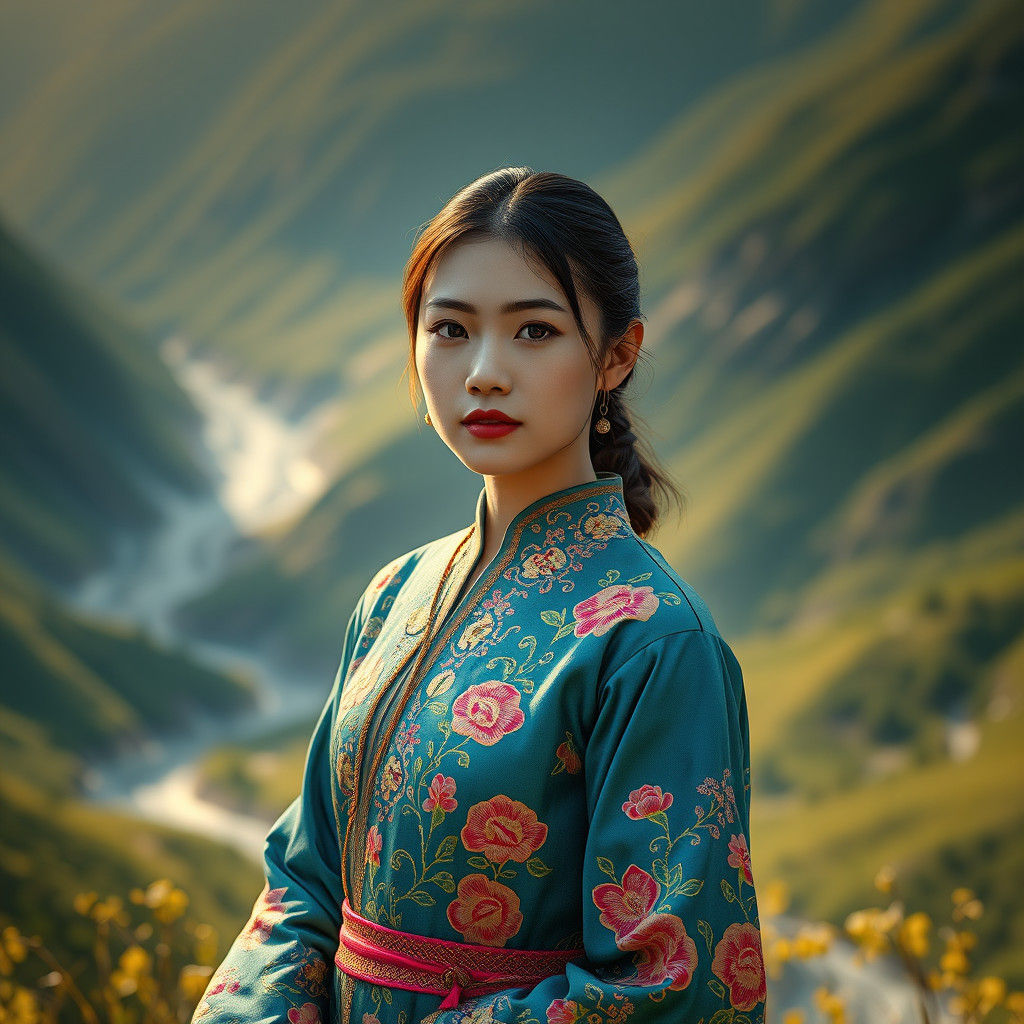 Uyghur Girl in Embroidered Silk Dress: Digital Art