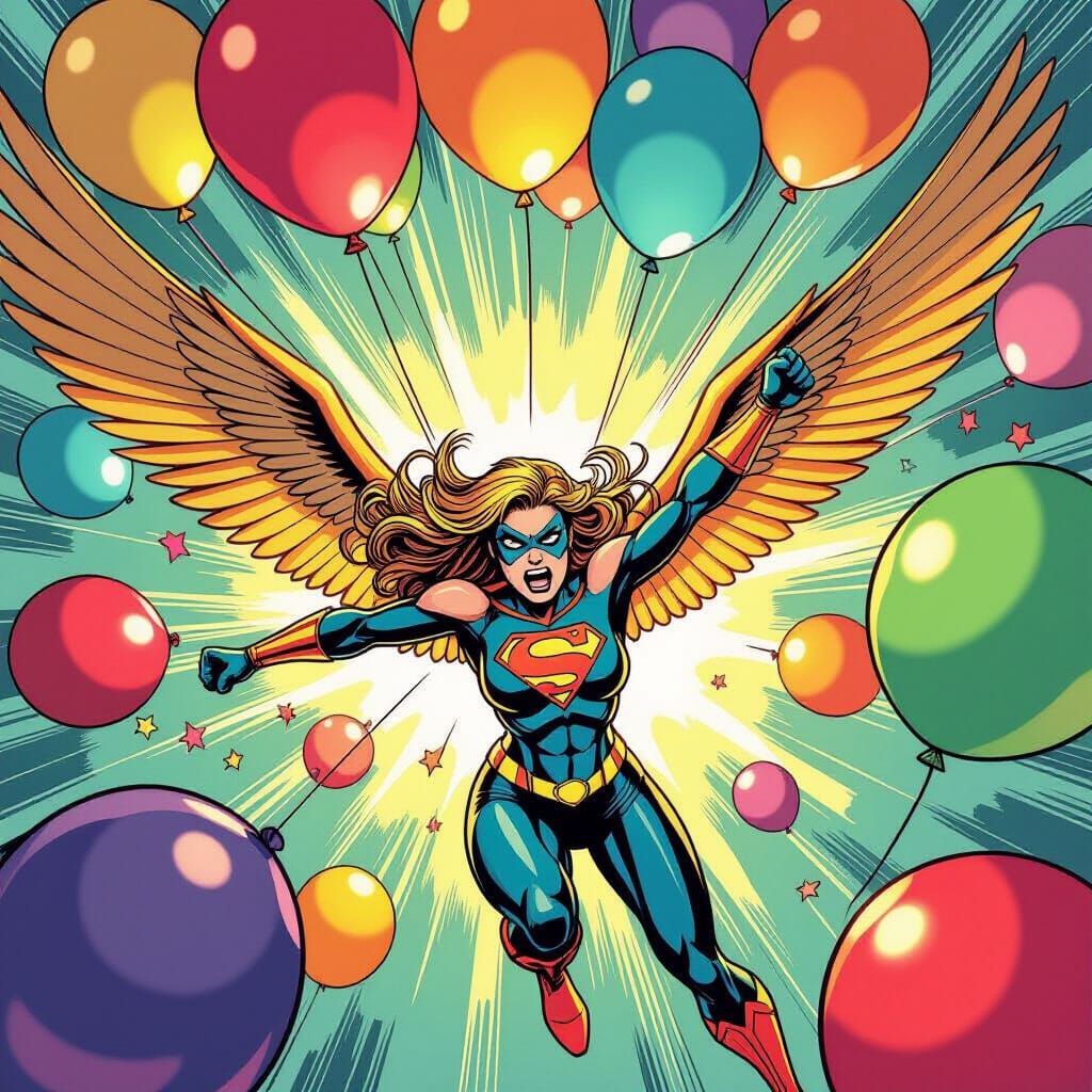 Hawkgirl Battles Giant Balloons in Comic Book Style