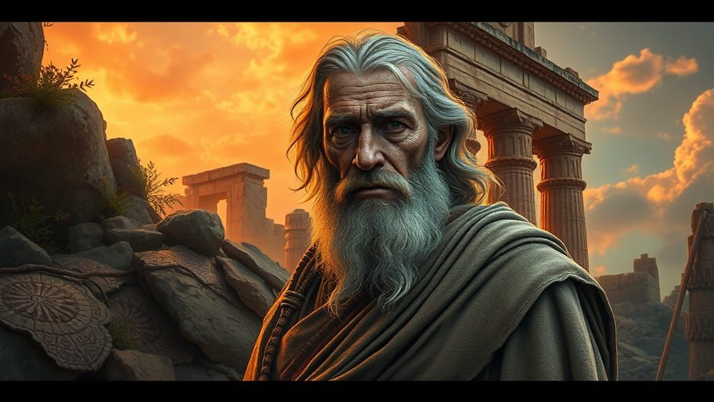 Ancient Prophet Stands Amidst Ruins in a Vibrant, Hyperreali...