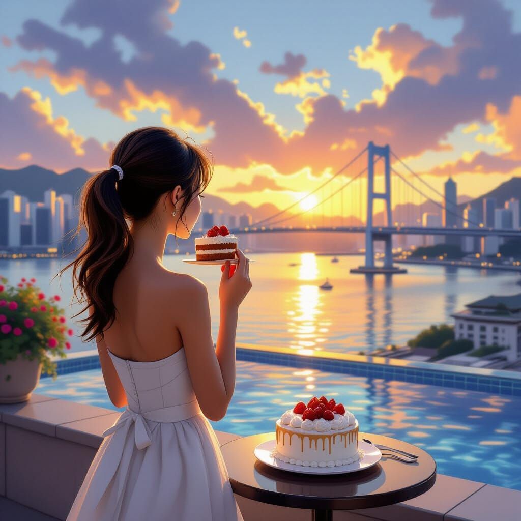 Schoolgirl in White Dress Views Hong Kong Sunset Over Ching ...