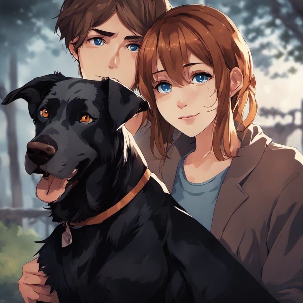 Anime Couple Portrait with Dogs, Hyperdetailed Art
