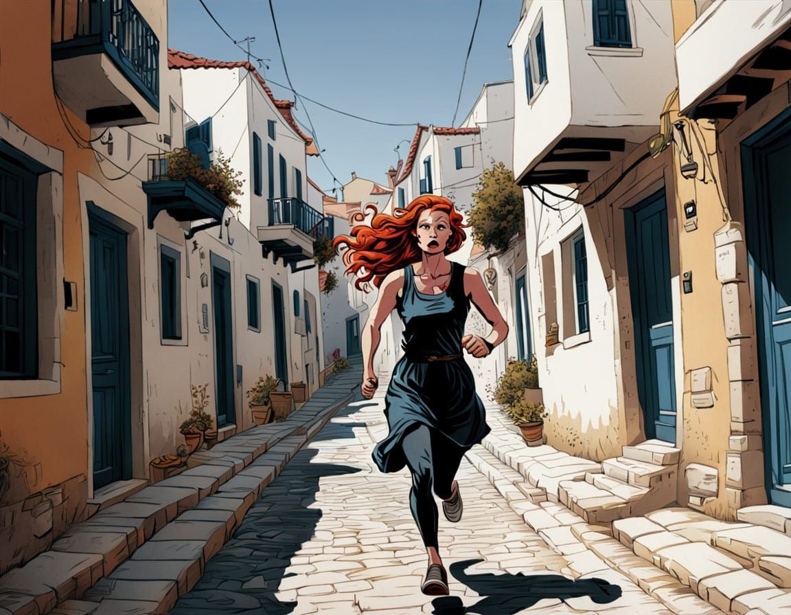 Beautiful Redhead Woman Running Through a Greek Street in Co...