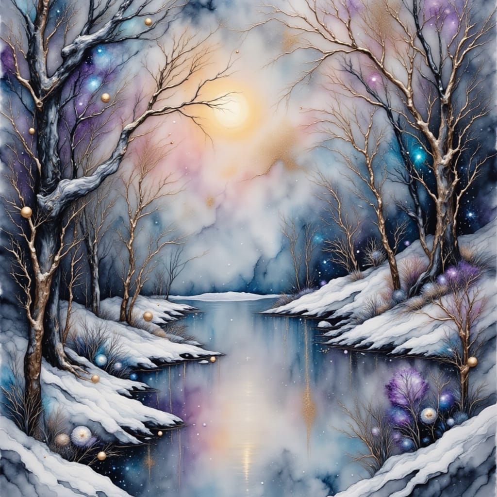 Winter Landscape in Vibrant Watercolor on Marble