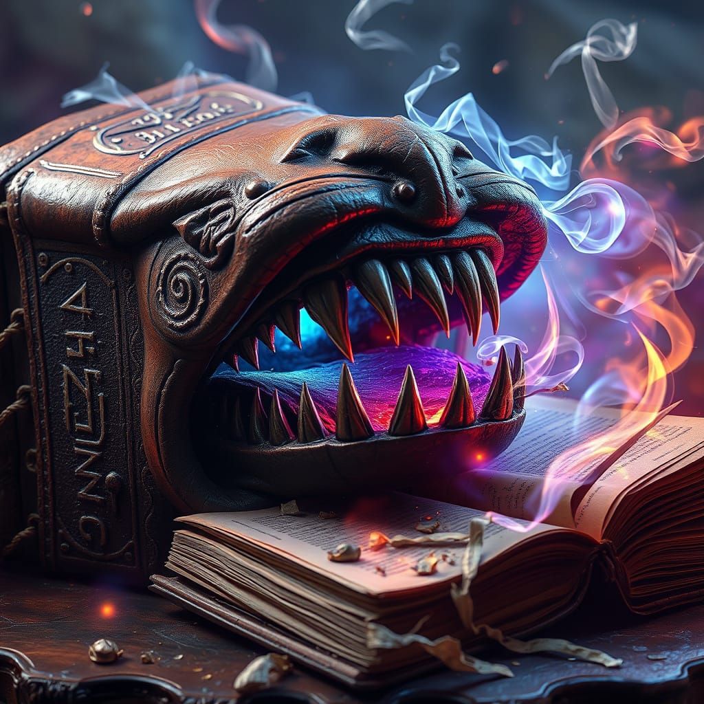 Ancient Tome Devours Tattered Book in Ethereal Glow