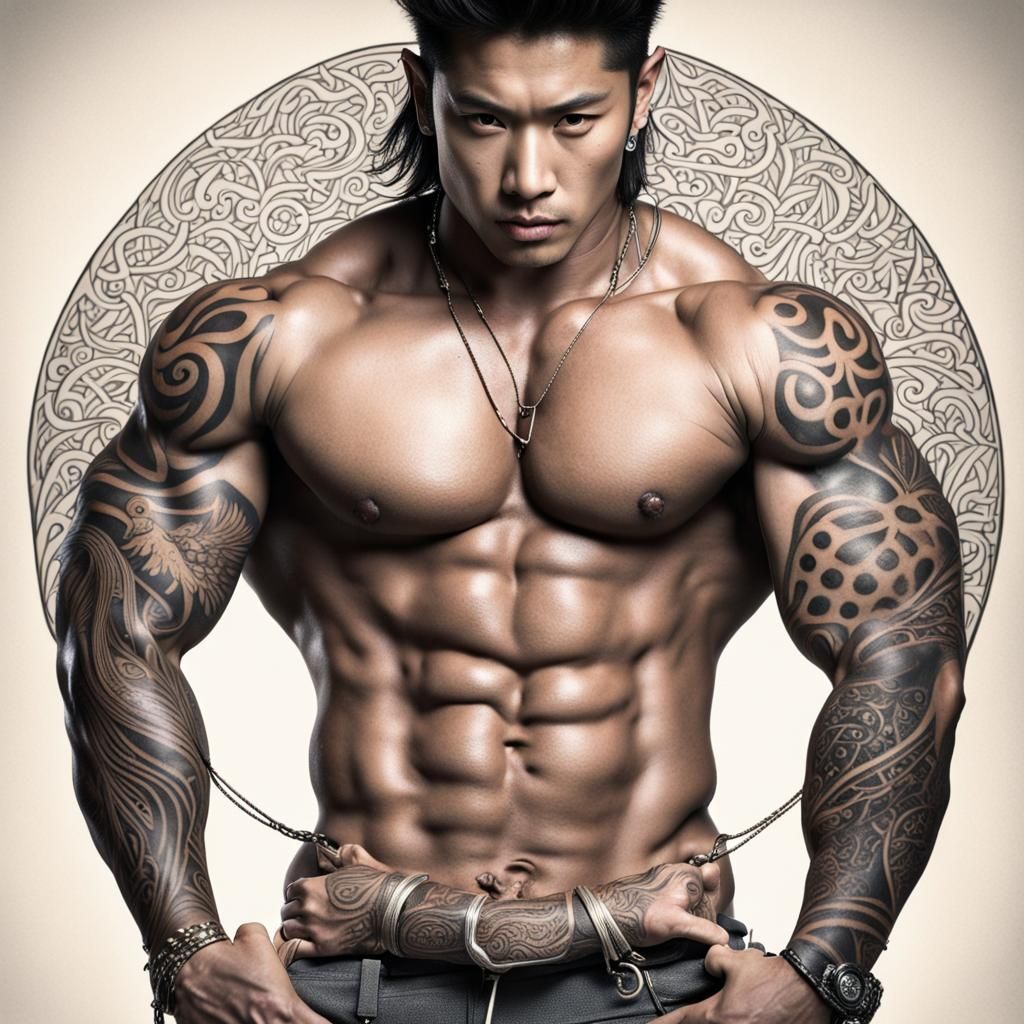 Japanese Idol with Maori Tattoos and Bulging Muscles
