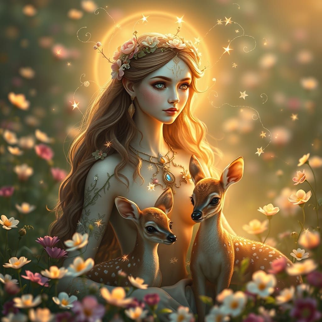 Serenely Radiant Earth Goddess in Vibrant Meadow