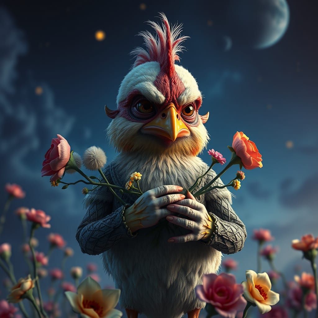 Ornate Frankenstein Chick with Flowers in Dreamy Palette