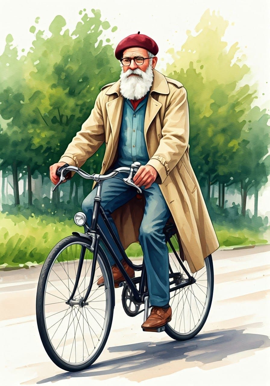 Bearded Teacher Rides Bicycle in Watercolour Style