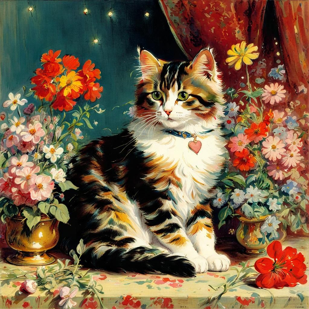 Cat on Pillow with Flowers in Orientalist Style