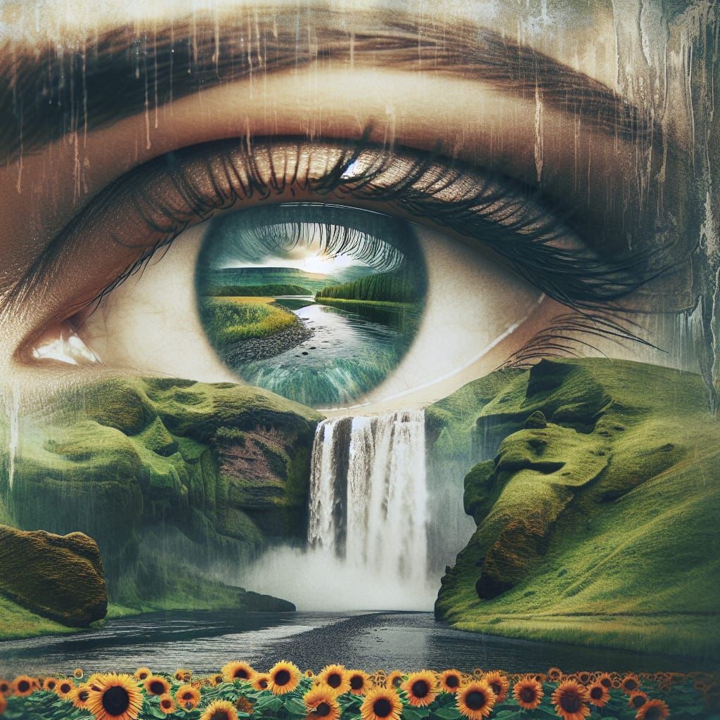 Eye Reveals Waterfall Landscape in Oil Painting Style