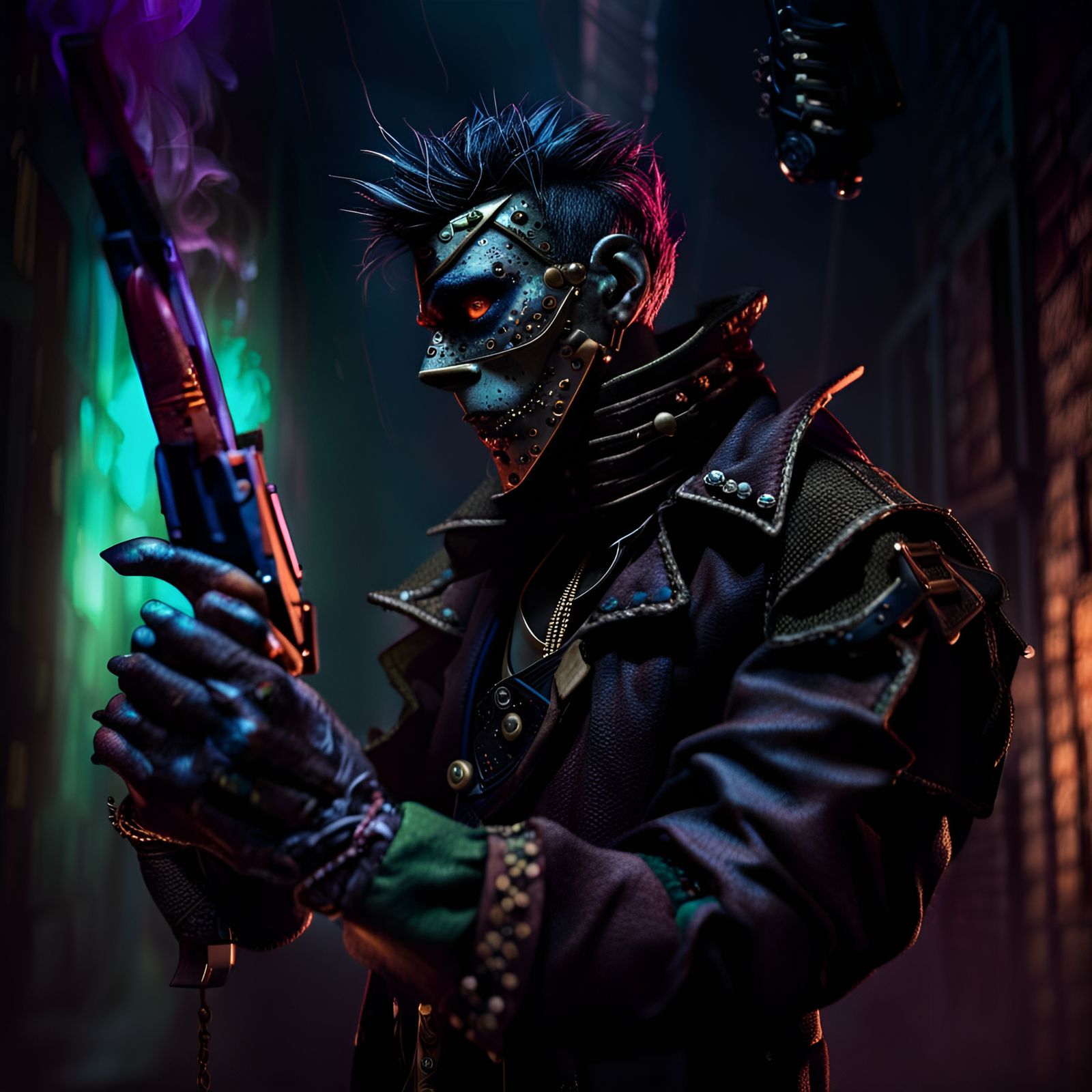 Steampunk Puppet with Shotgun in Dark Alley