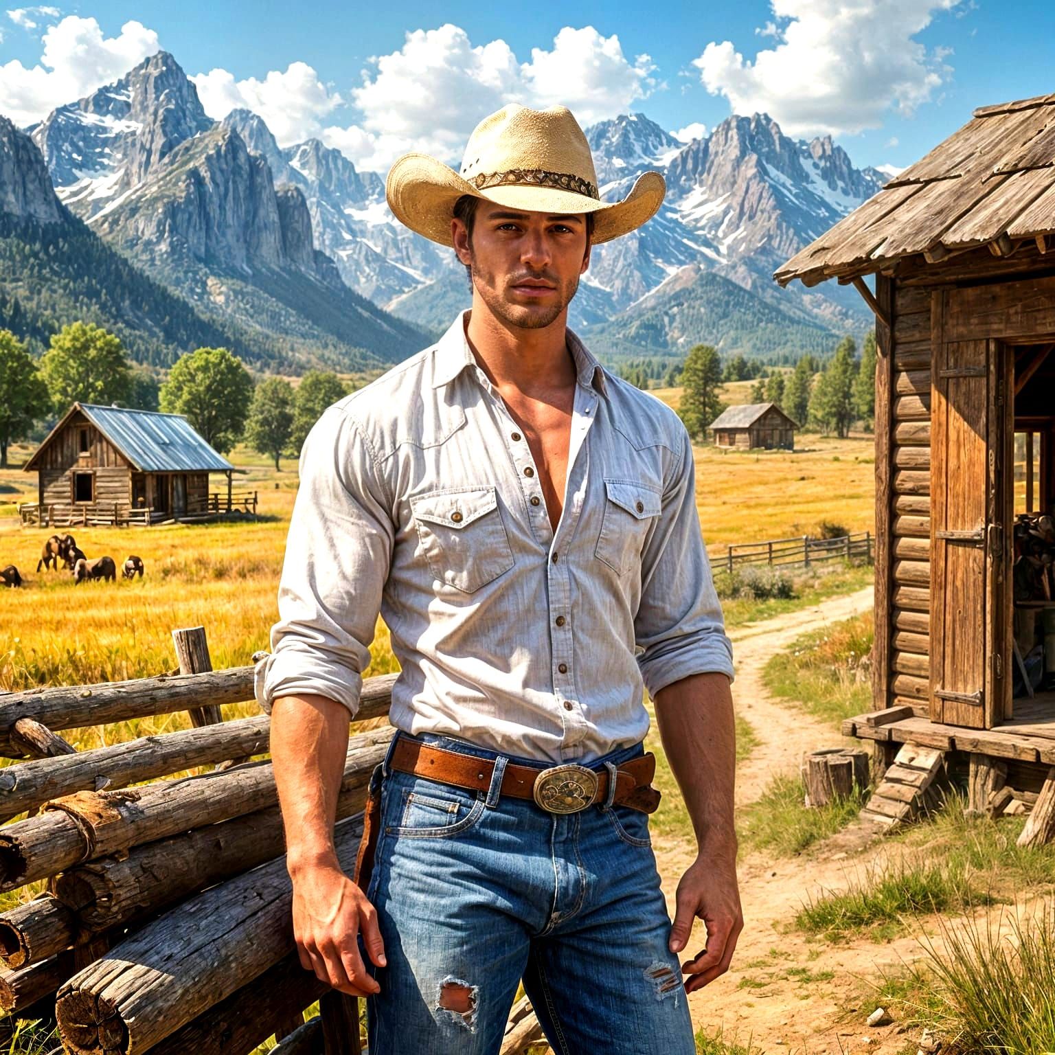 Muscular Cowboy Contemplates Rural Landscape in Dramatic Lig...