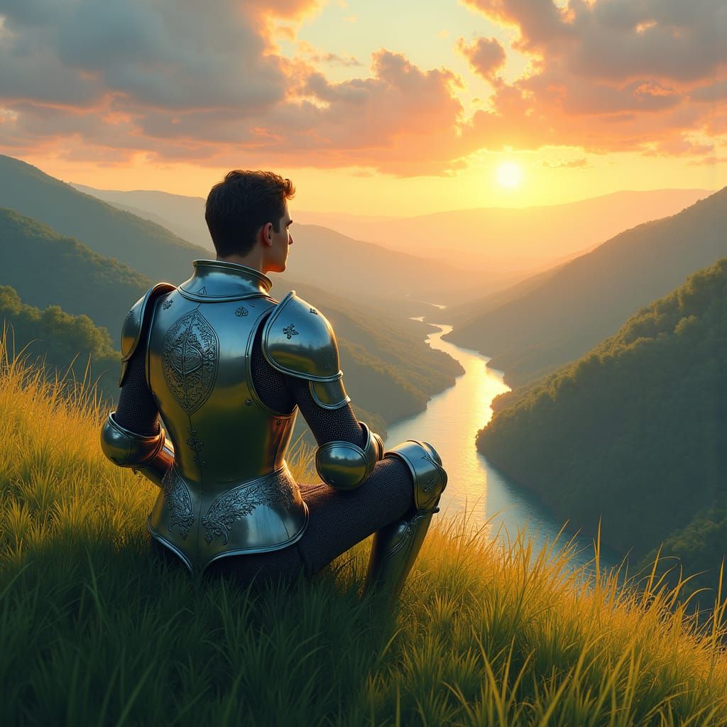 Knight Contemplates River Valley at Sunset