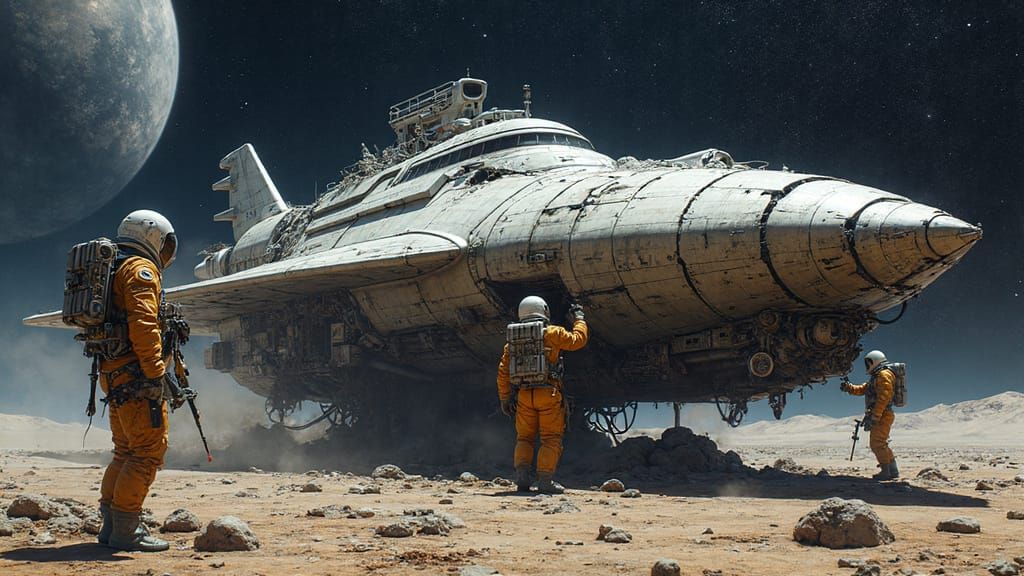 Astronauts Repair Star Cruiser on Dark Moon