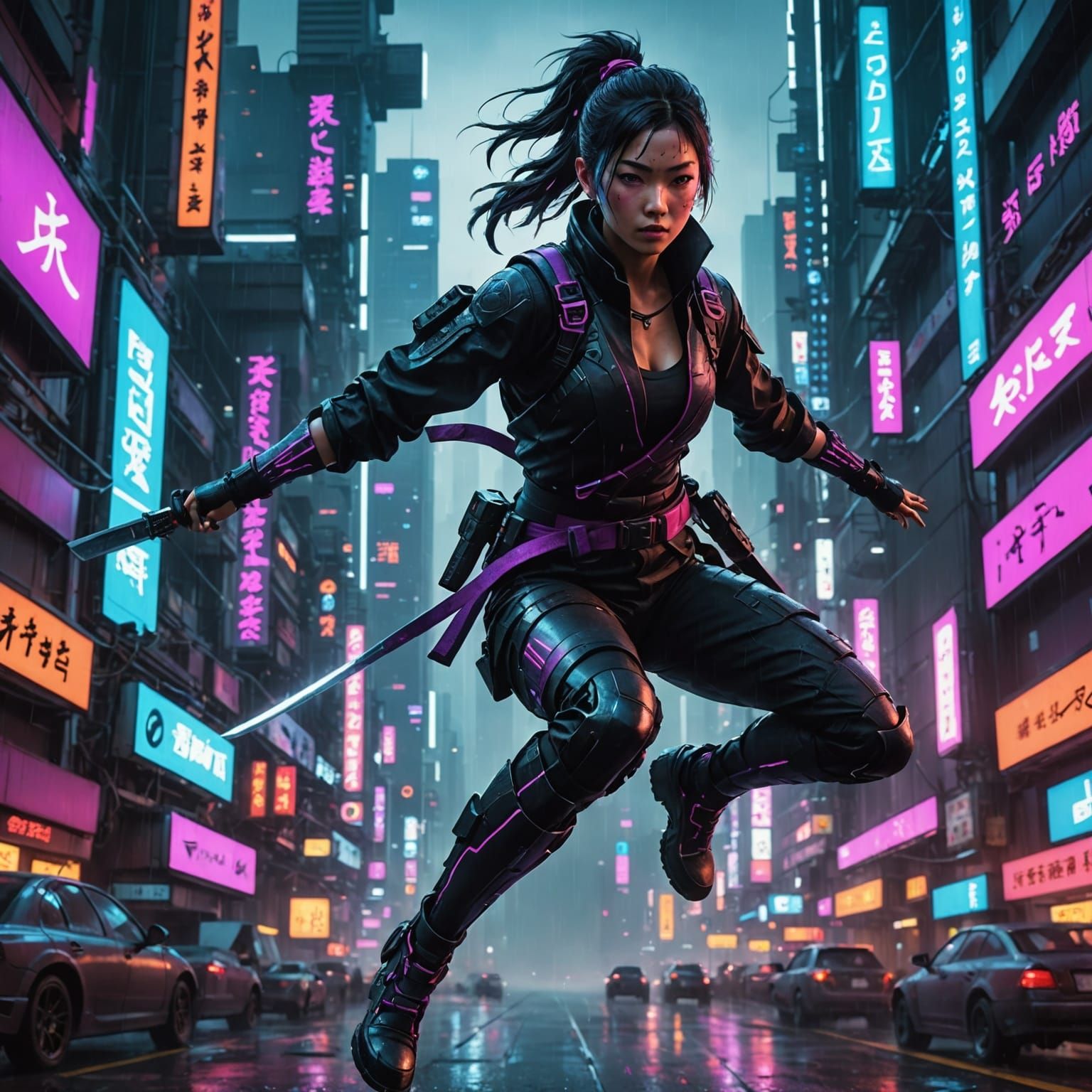 Agile Kunoichi Leaping Through Cyberpunk Metropolis