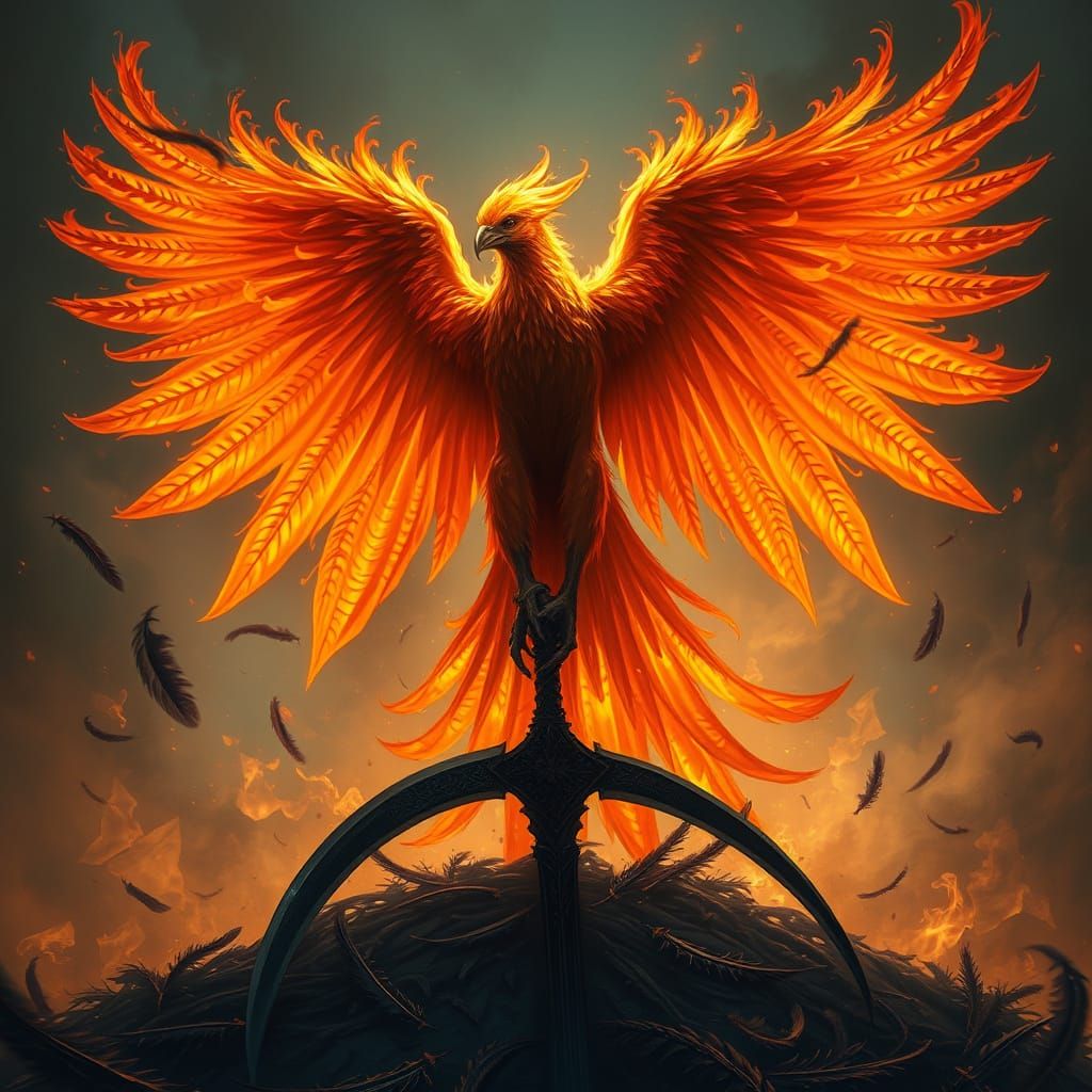 Phoenix Rises Over Death Scythe in Dark Fantasy Style