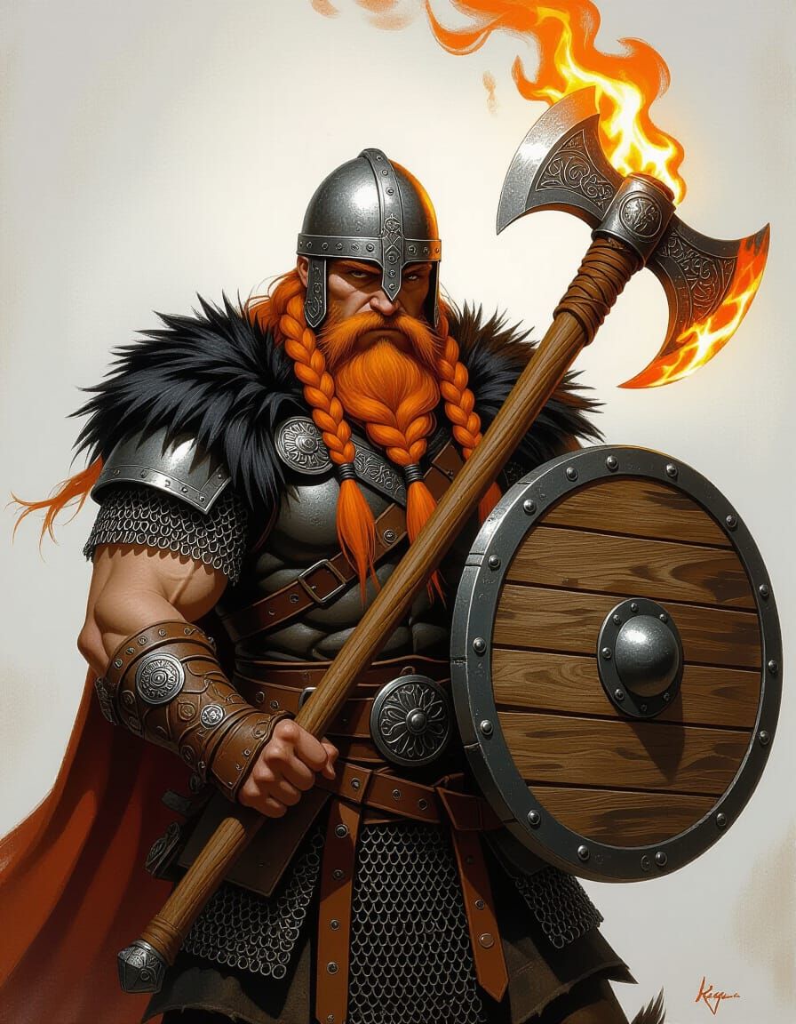Viking Barbarian with Flaming Axe in Luis Royo Style