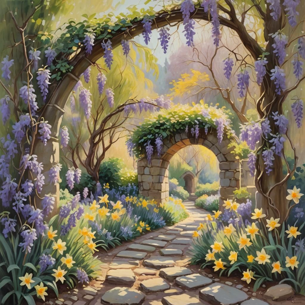 Wisteria Archway: An Impressionist Garden Pathway