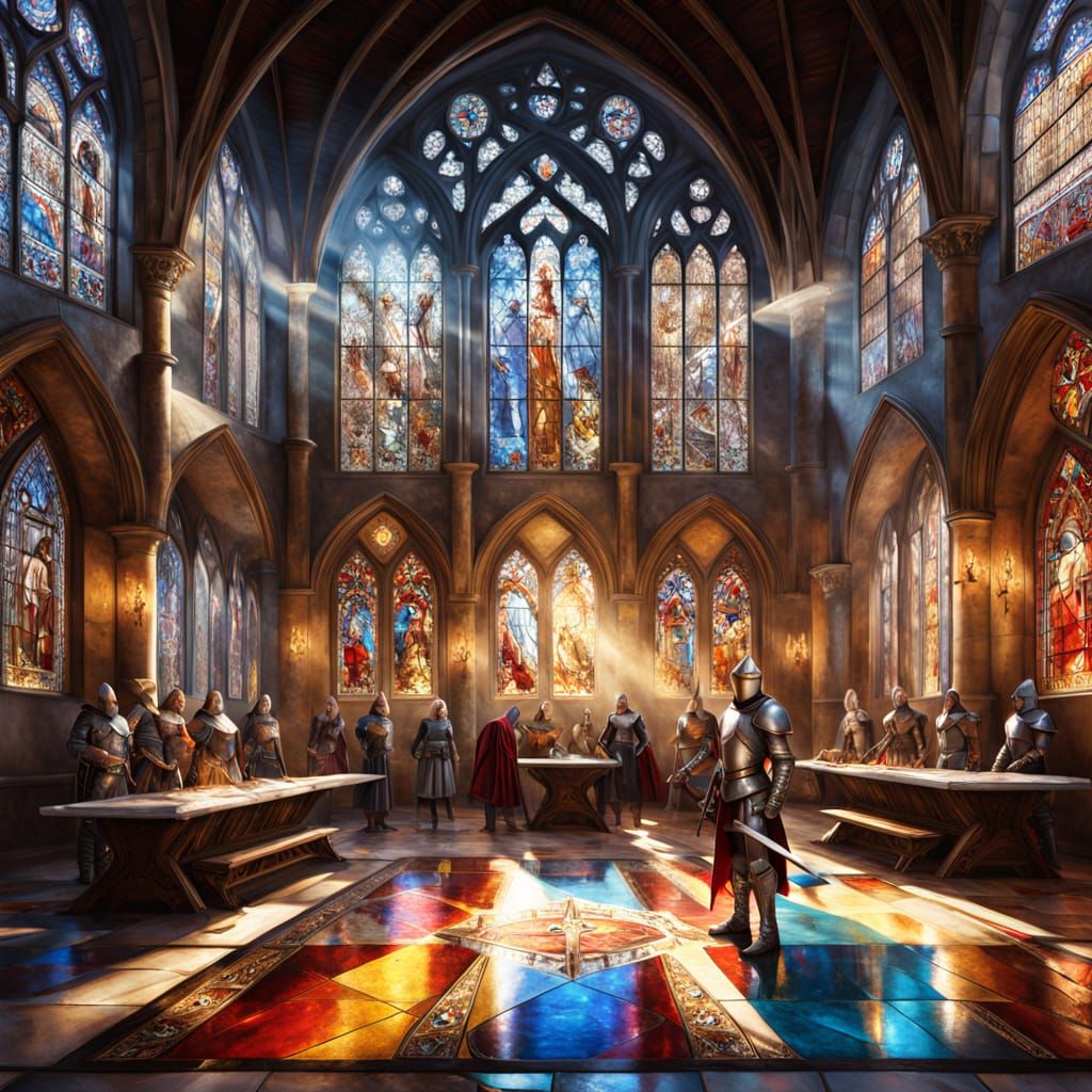 Medieval Knights Gathered in a Grand Hall