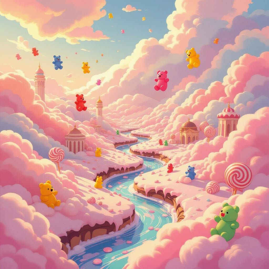 Flying Gummy Bears in a Whimsical Candy World