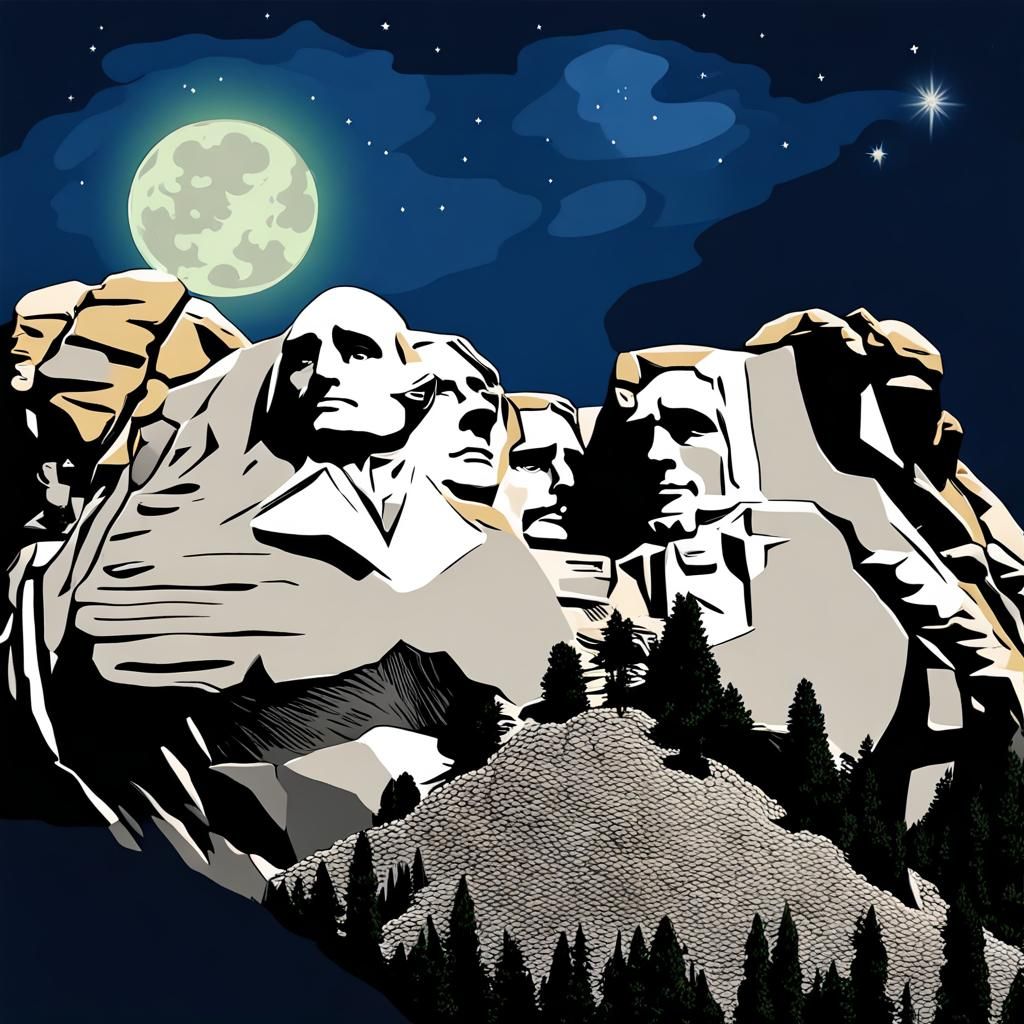 Moonlit Mount Rushmore in Post-Impressionist Style