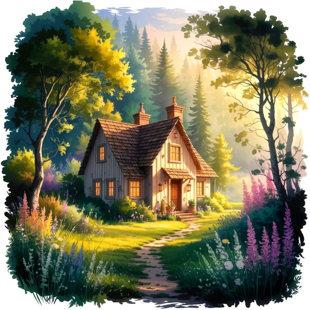 Charming Cottage in Forest, Vivid Watercolor Style