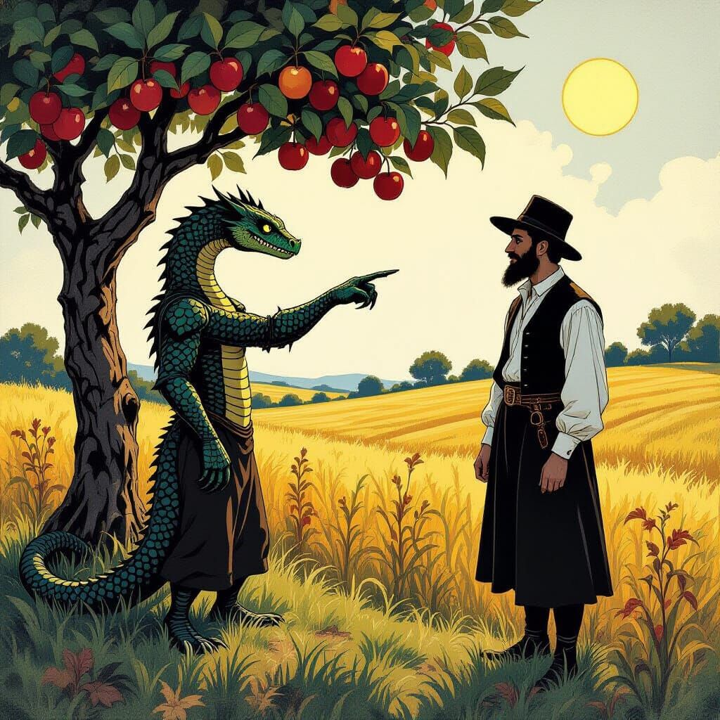 Serpent Points to Fruit Tree in Dark Fairy Tale Style