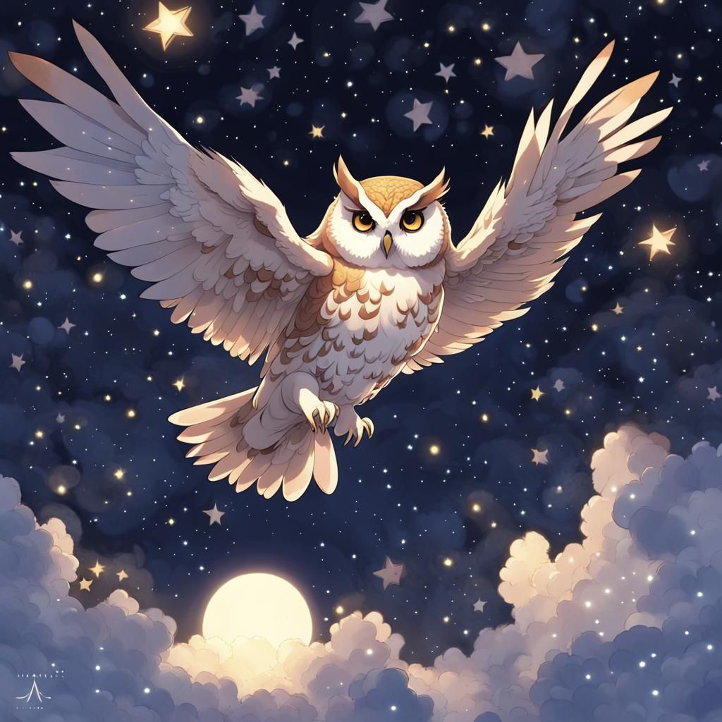 Anime Owl Soaring Through Starry Night Sky